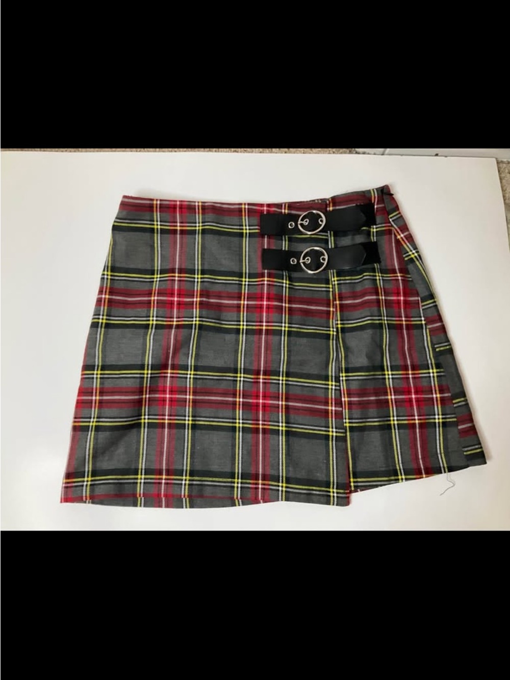 Forever 21 Red, Gray & Yellow Plaid Mini Skirt with Buckle Straps